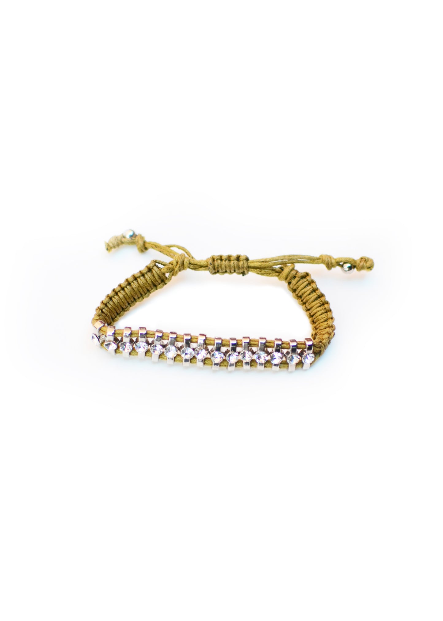 Crystal Love Bar One Row Khaki Woven Bracelet