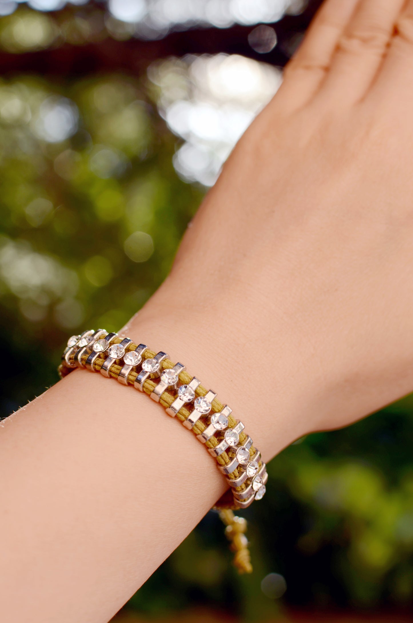 Crystal Love Bar One Row Khaki Woven Bracelet