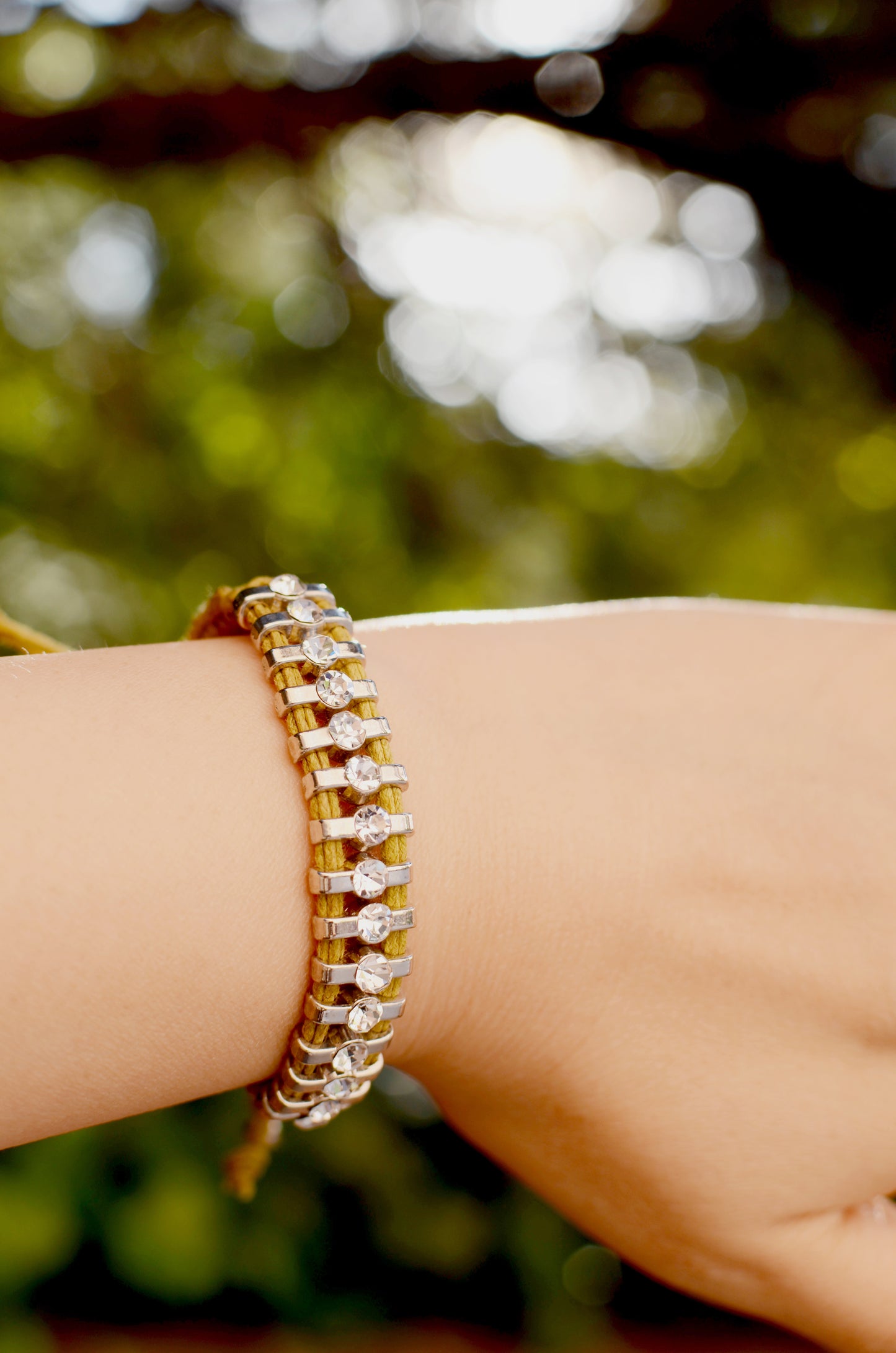 Crystal Love Bar One Row Khaki Woven Bracelet