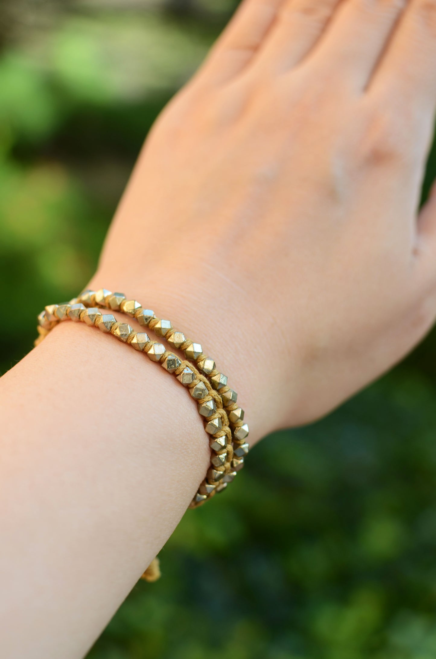Two Row Gold Nugget Woven Bracelet with Tan Cotton Cords