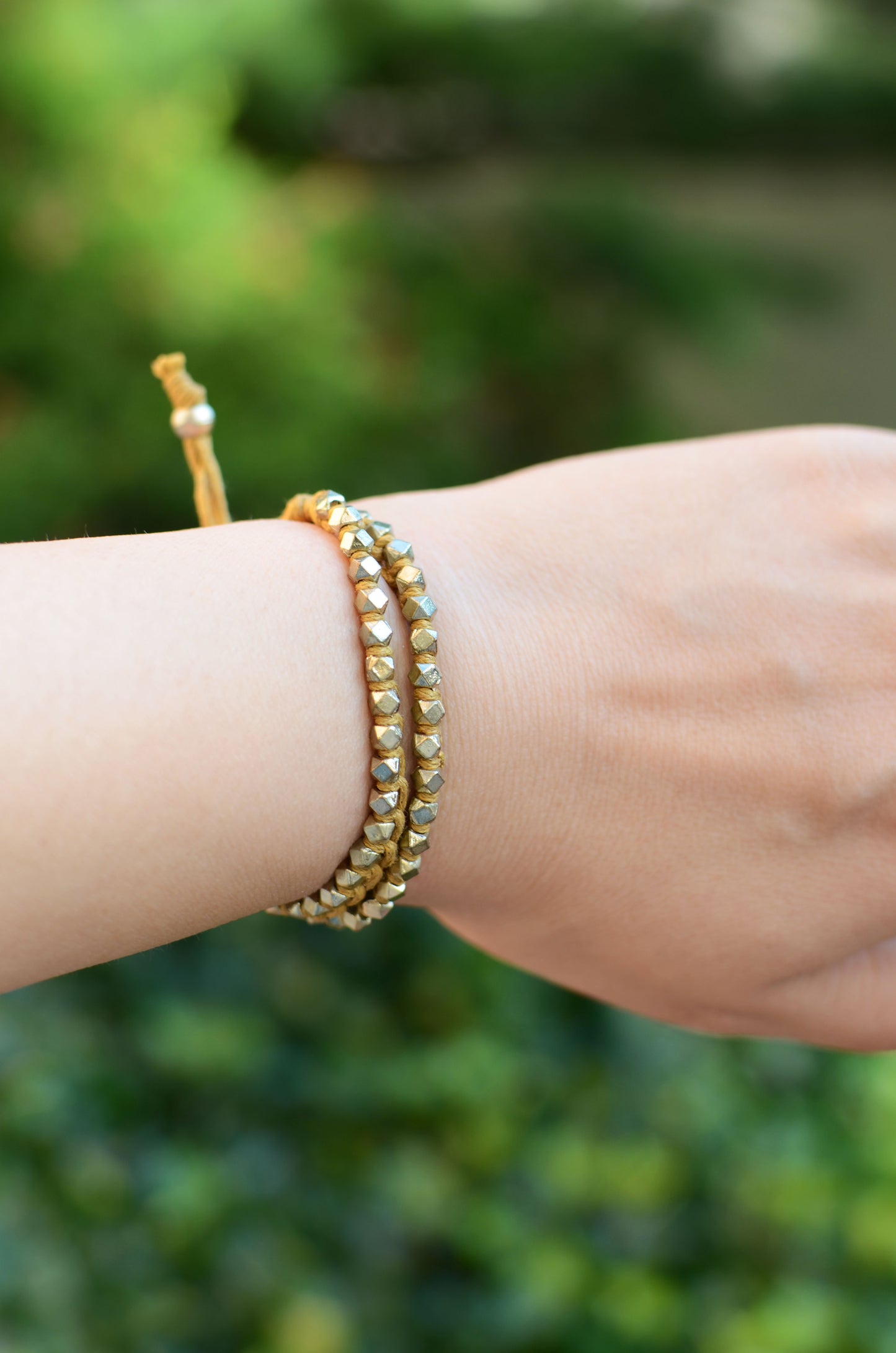 Two Row Gold Nugget Woven Bracelet with Tan Cotton Cords