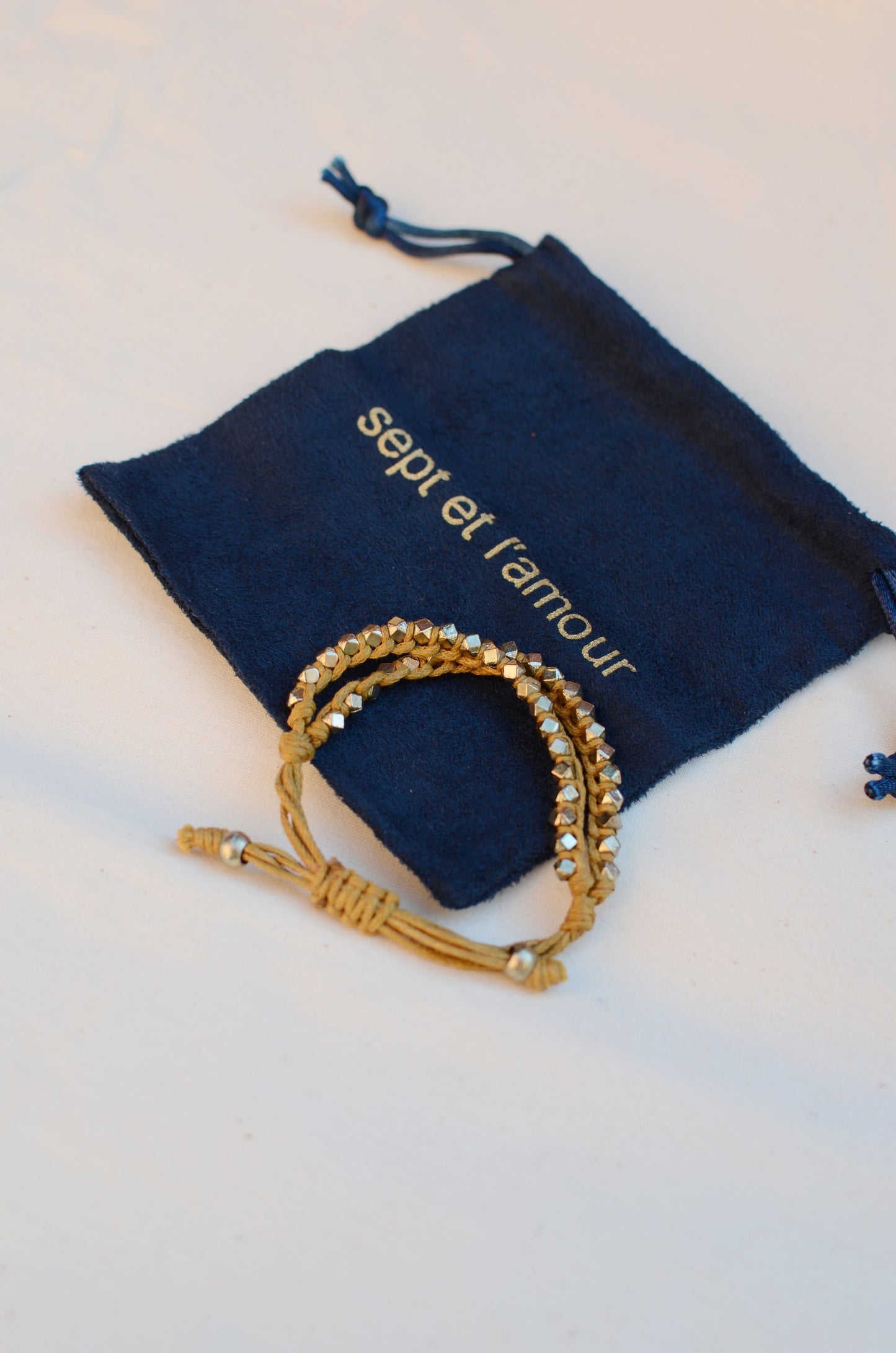Two Row Gold Nugget Woven Bracelet with Tan Cotton Cords