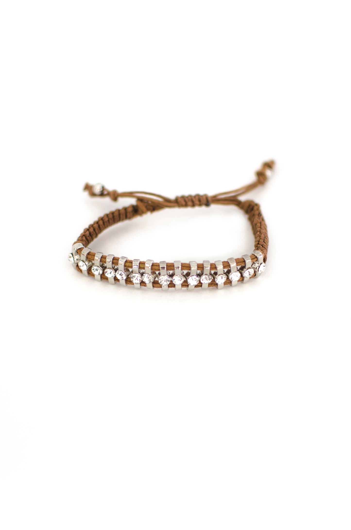 Crystal Love Bar One Row Brown Woven Bracelet