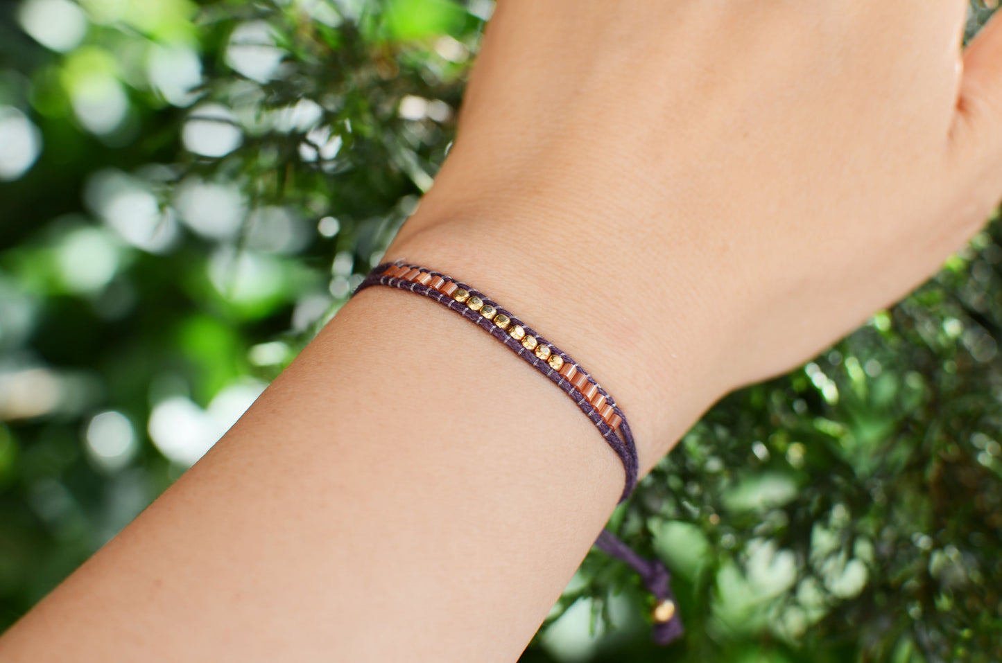 Lucky Micro Beads Woven Bracelet with Purple Cotton Cords