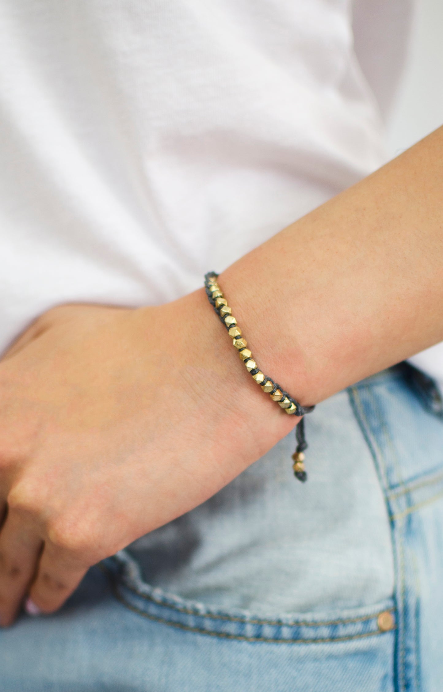 One Row Gold Nugget Woven Bracelet with Grey Cotton Cords