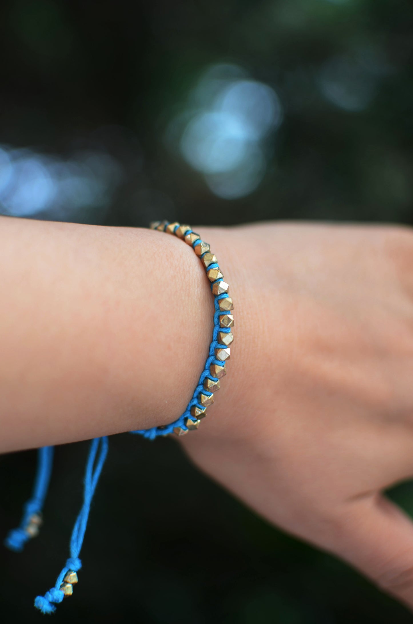 One Row Gold Nugget Woven Bracelet with Turquoise Cotton Cords