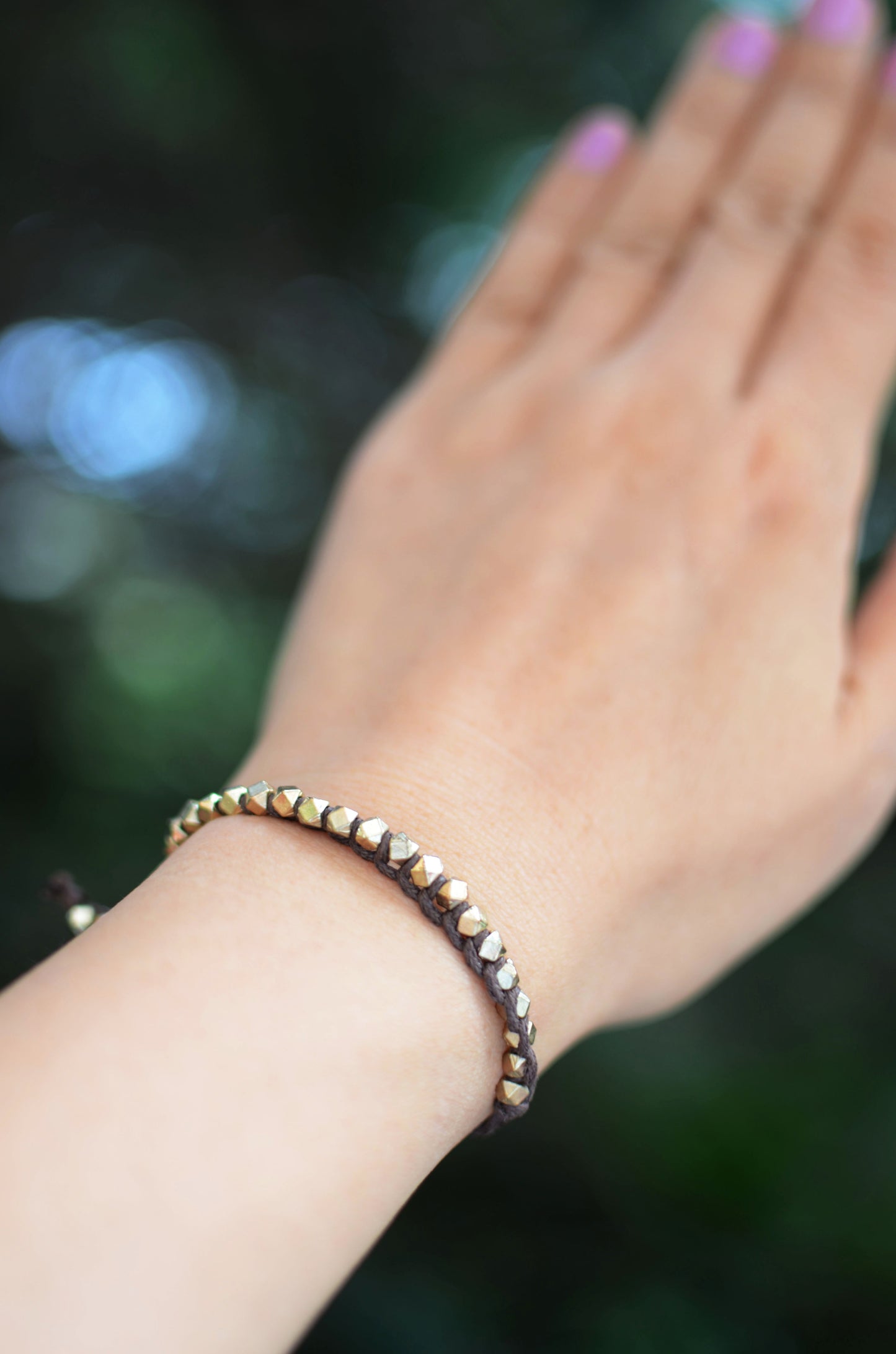 One Row Gold Nugget Woven Bracelet with Brown Cotton Cords