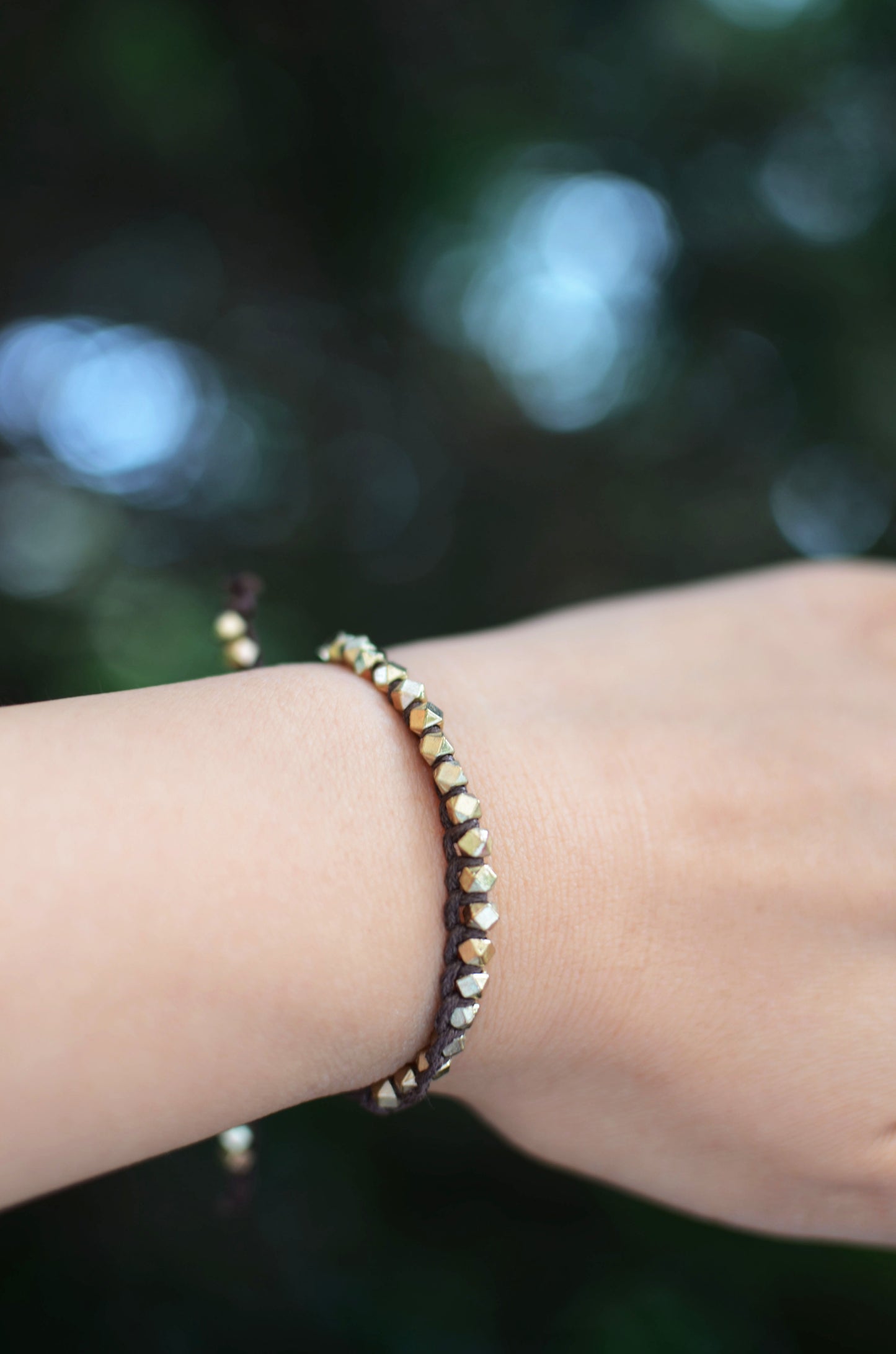 One Row Gold Nugget Woven Bracelet with Brown Cotton Cords