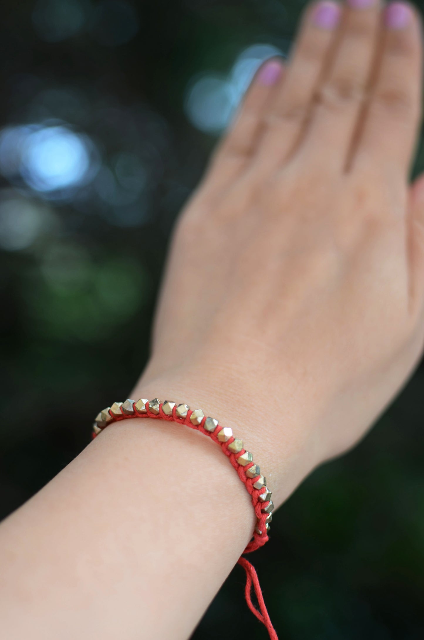 One Row Gold Nugget Woven Bracelet with Red Cotton Cords