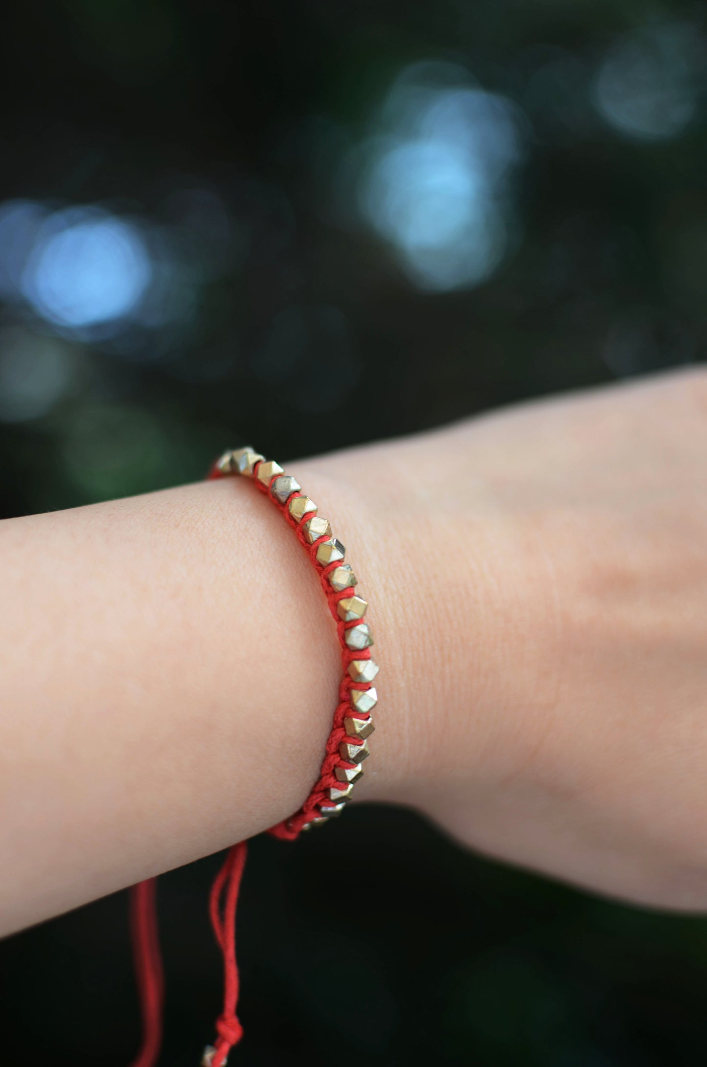 One Row Gold Nugget Woven Bracelet with Red Cotton Cords