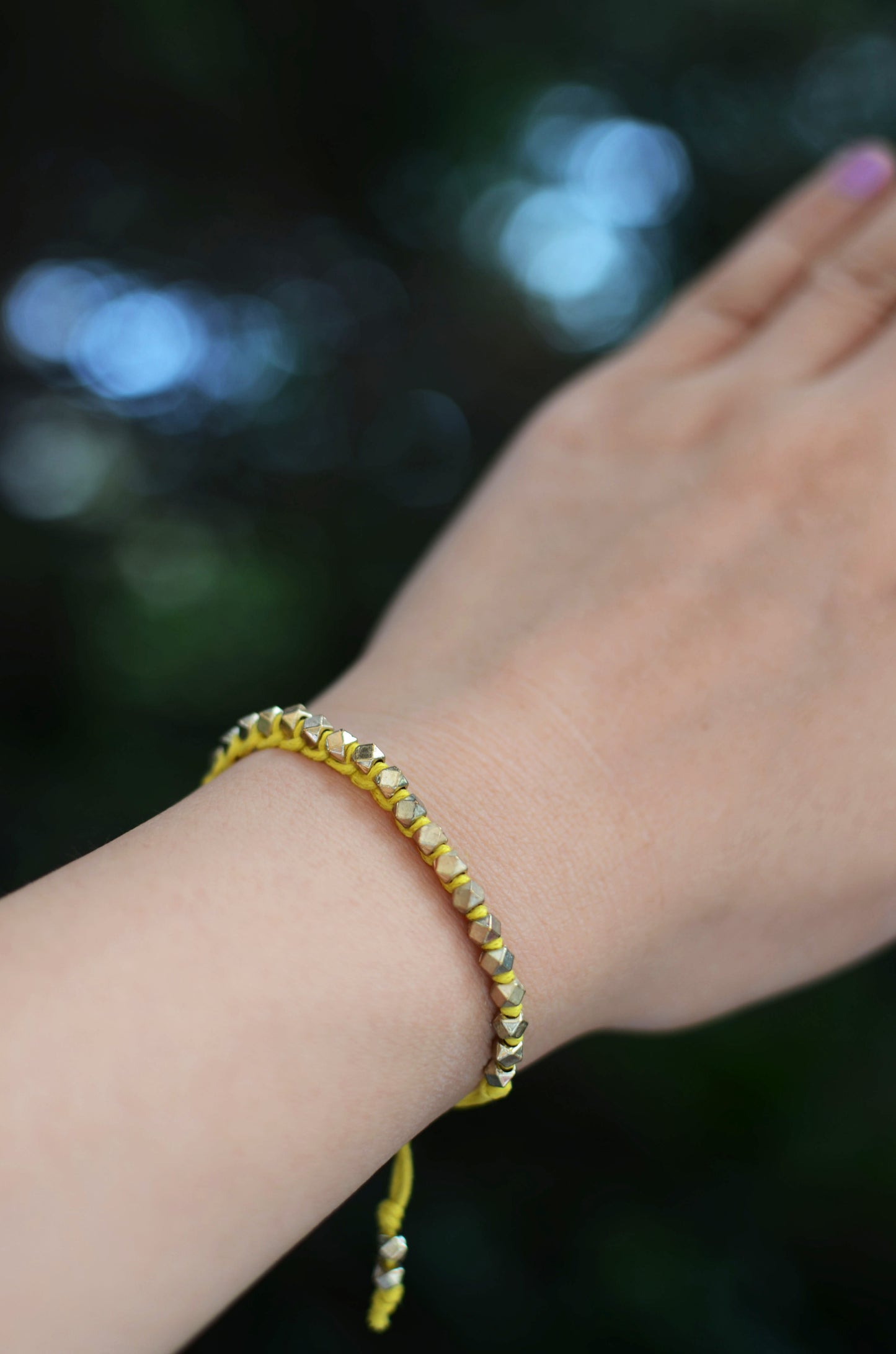 One Row Gold Nugget Woven Bracelet with Yellow Cotton Cords