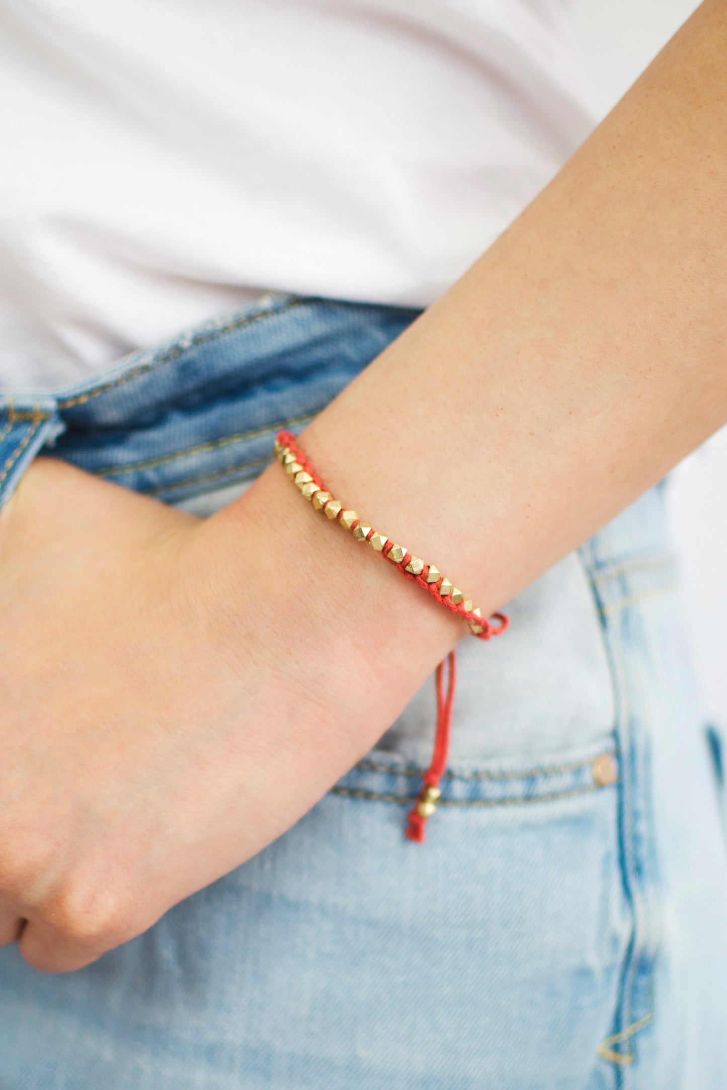 One Row Gold Nugget Woven Bracelet with Red Cotton Cords