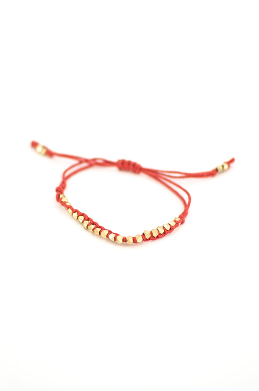 One Row Gold Nugget Woven Bracelet with Red Cotton Cords