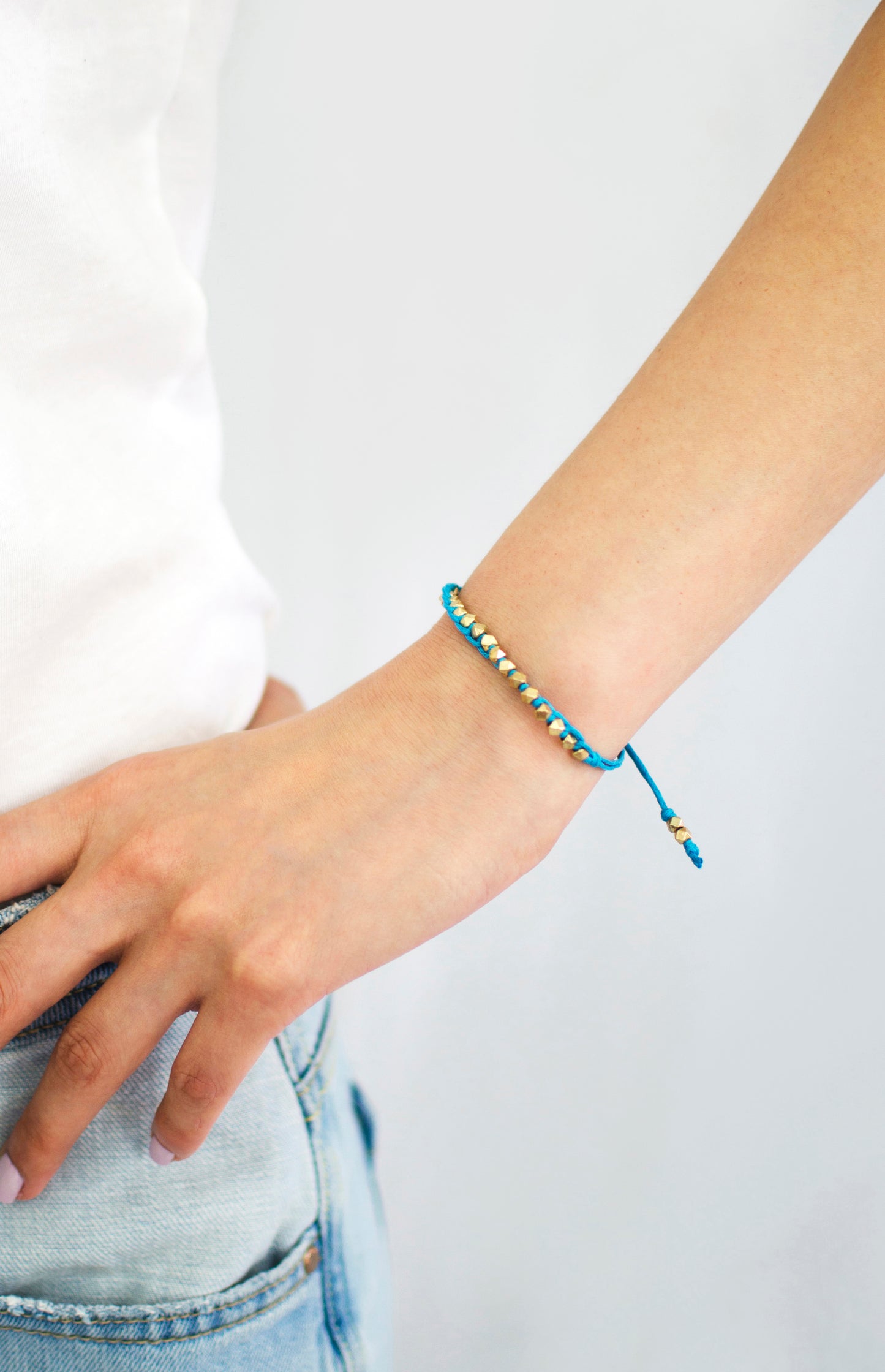 One Row Gold Nugget Woven Bracelet with Turquoise Cotton Cords