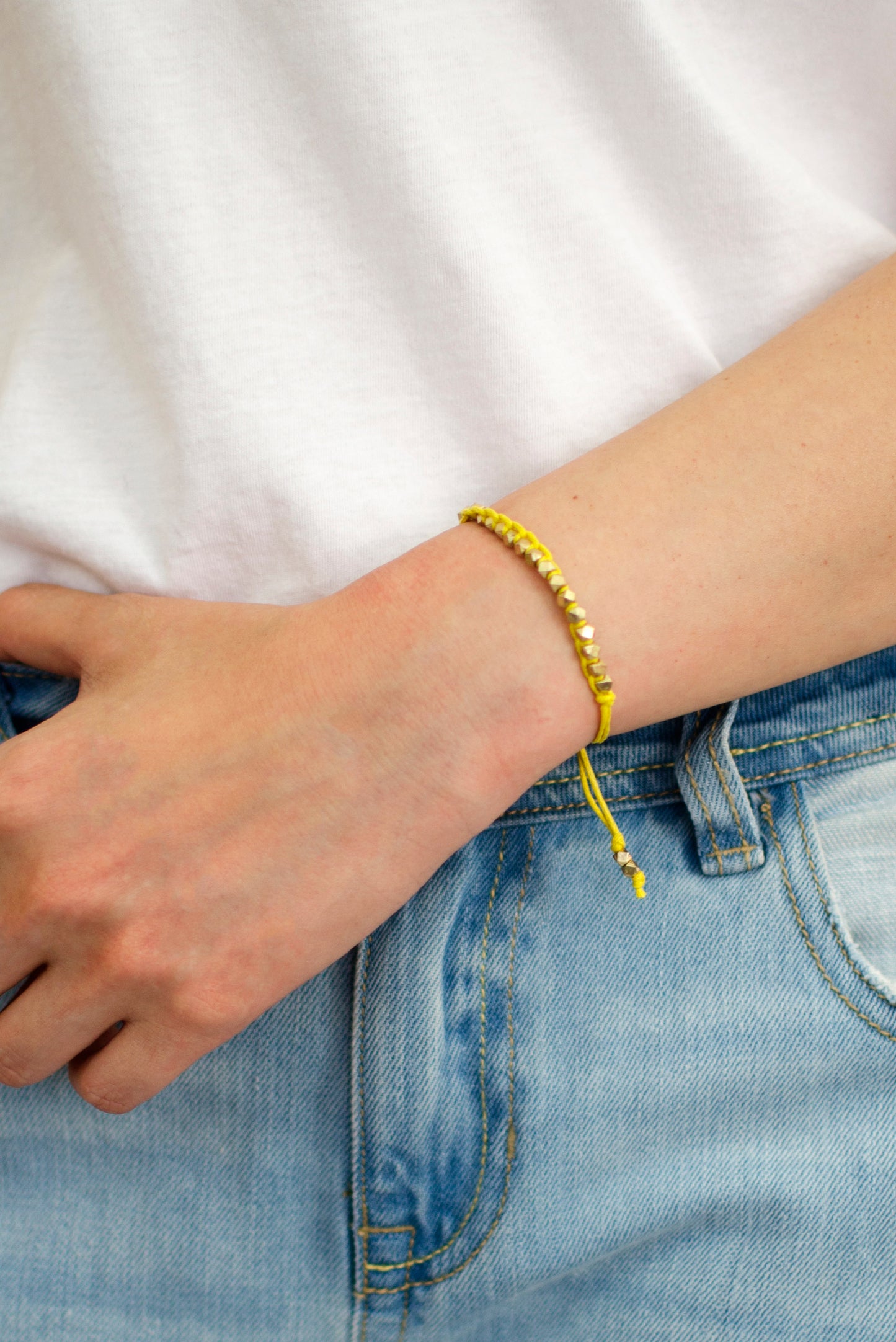 One Row Gold Nugget Woven Bracelet with Yellow Cotton Cords