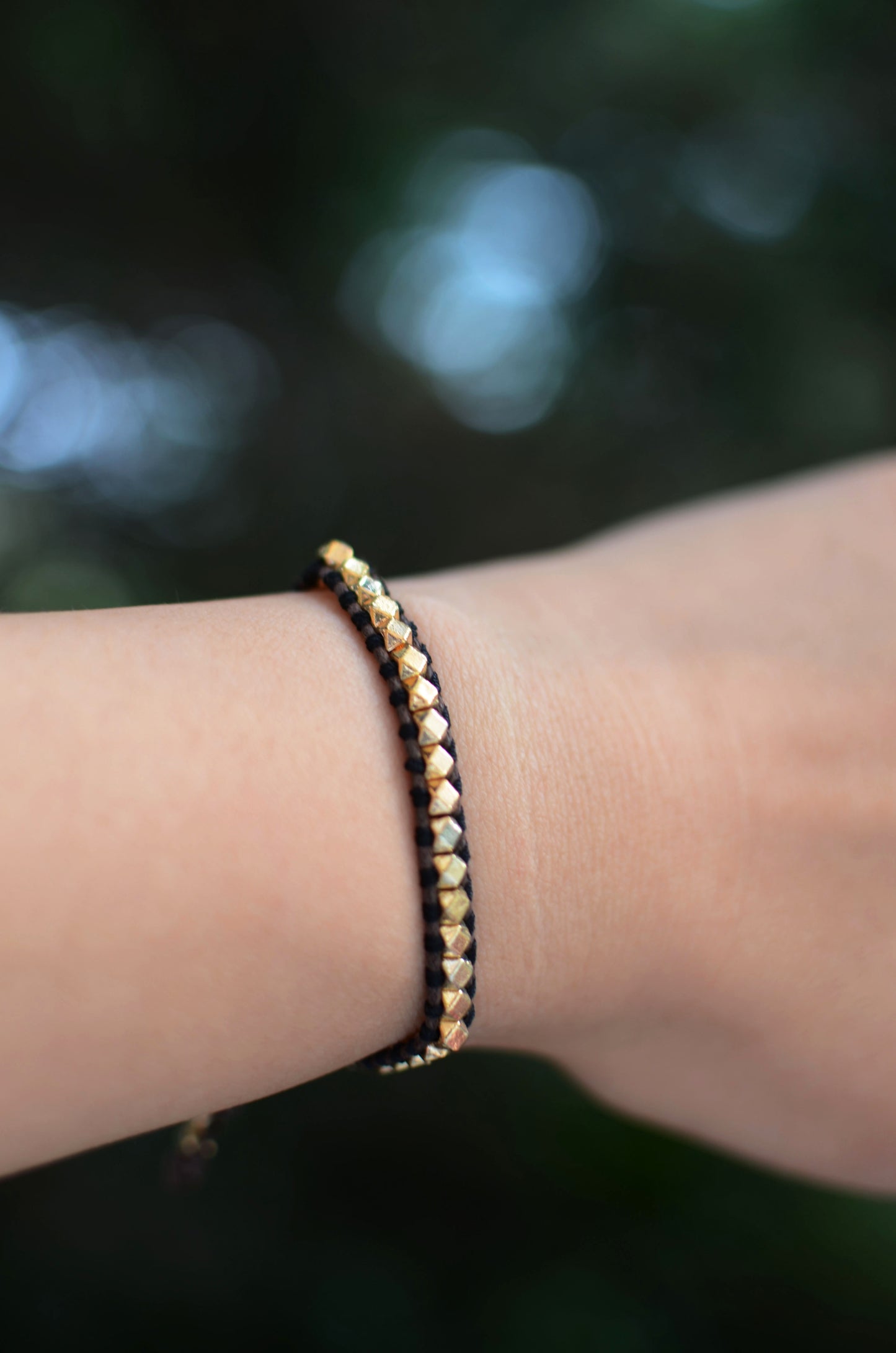 Rainbow Woven Nugget Bracelet Black Threads on Brown Cords