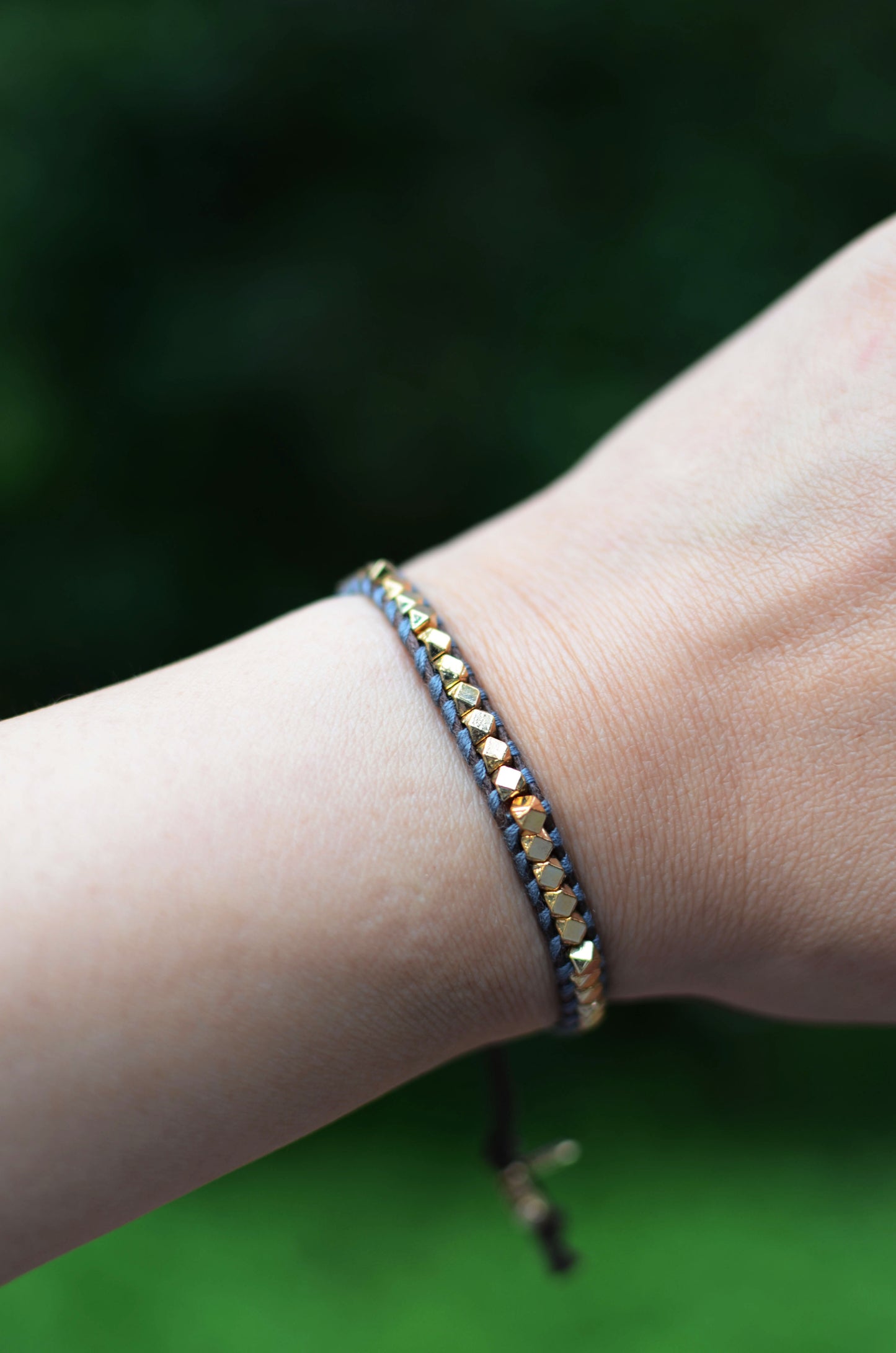 Rainbow One Row Gold Nugget Woven Bracelet with grey Threads on Brown Cords