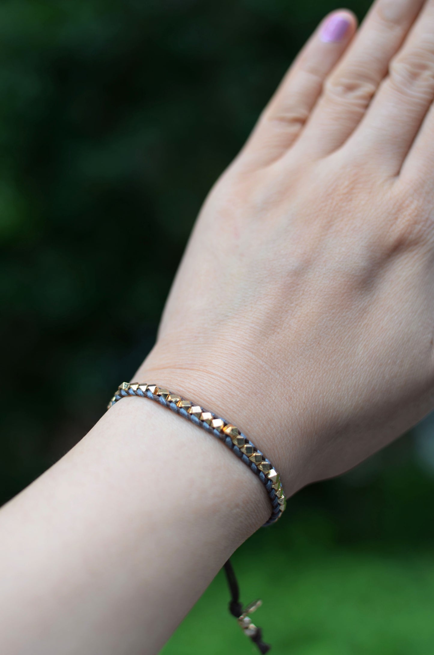 Rainbow One Row Gold Nugget Woven Bracelet with grey Threads on Brown Cords