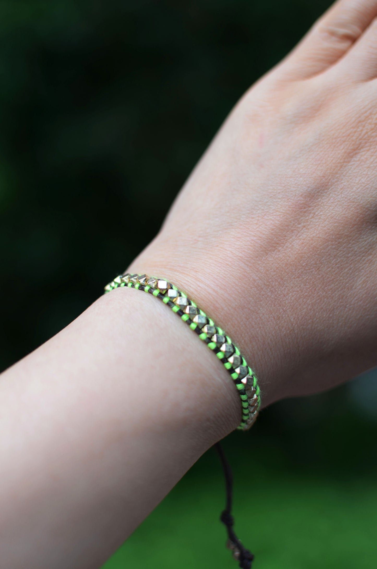 Rainbow One Row Gold Nugget woven Bracelet with Yellow Threads on Brown Cords