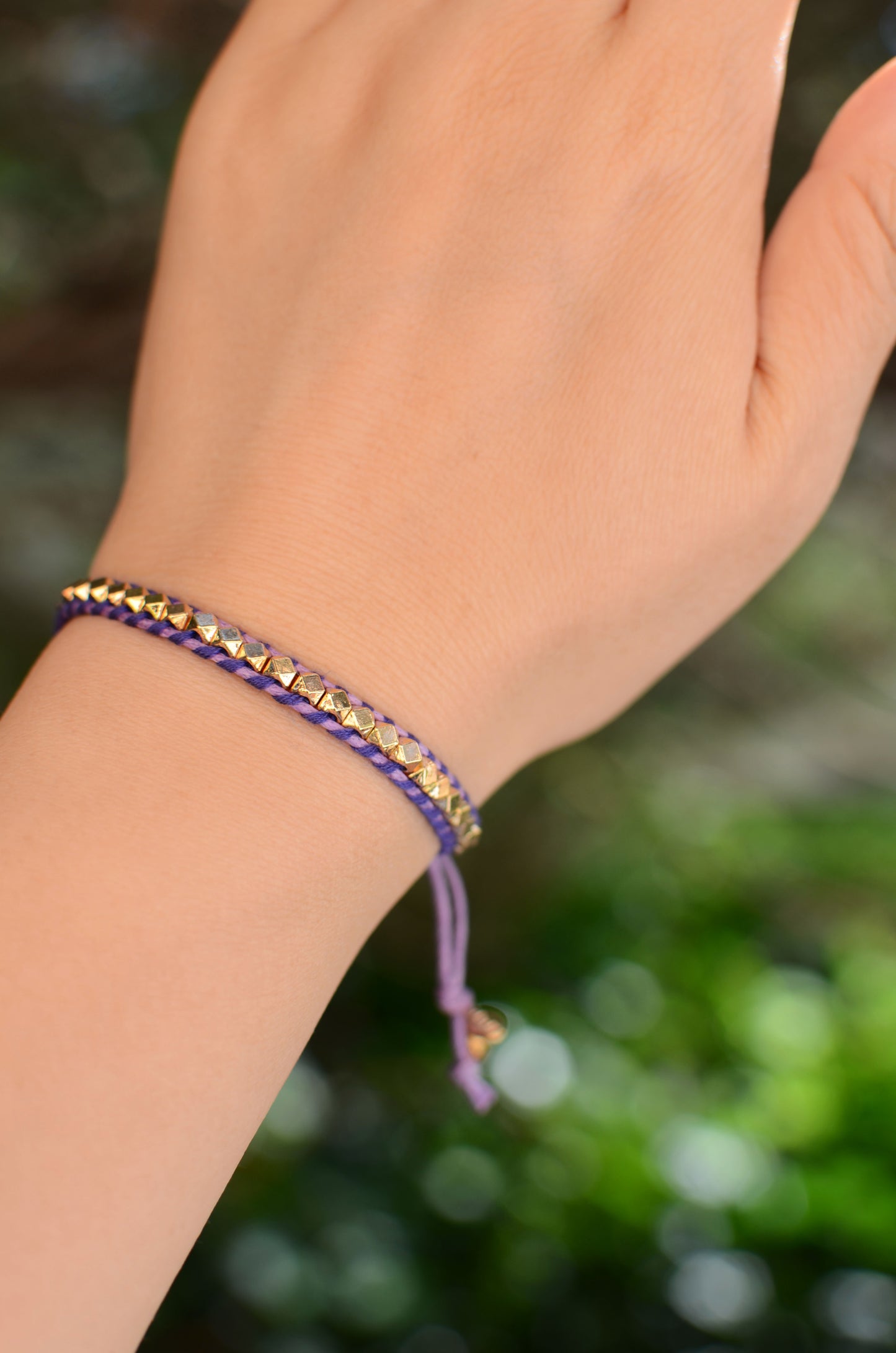 Rainbow One Row Gold Nugget Woven Bracelet with Purple Threads on Brown Cords