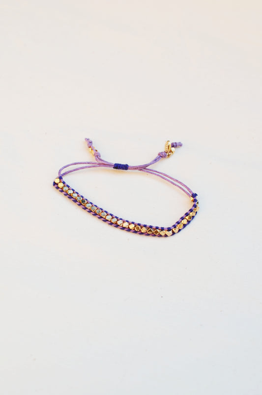 Rainbow One Row Gold Nugget Woven Bracelet with Purple Threads on Brown Cords