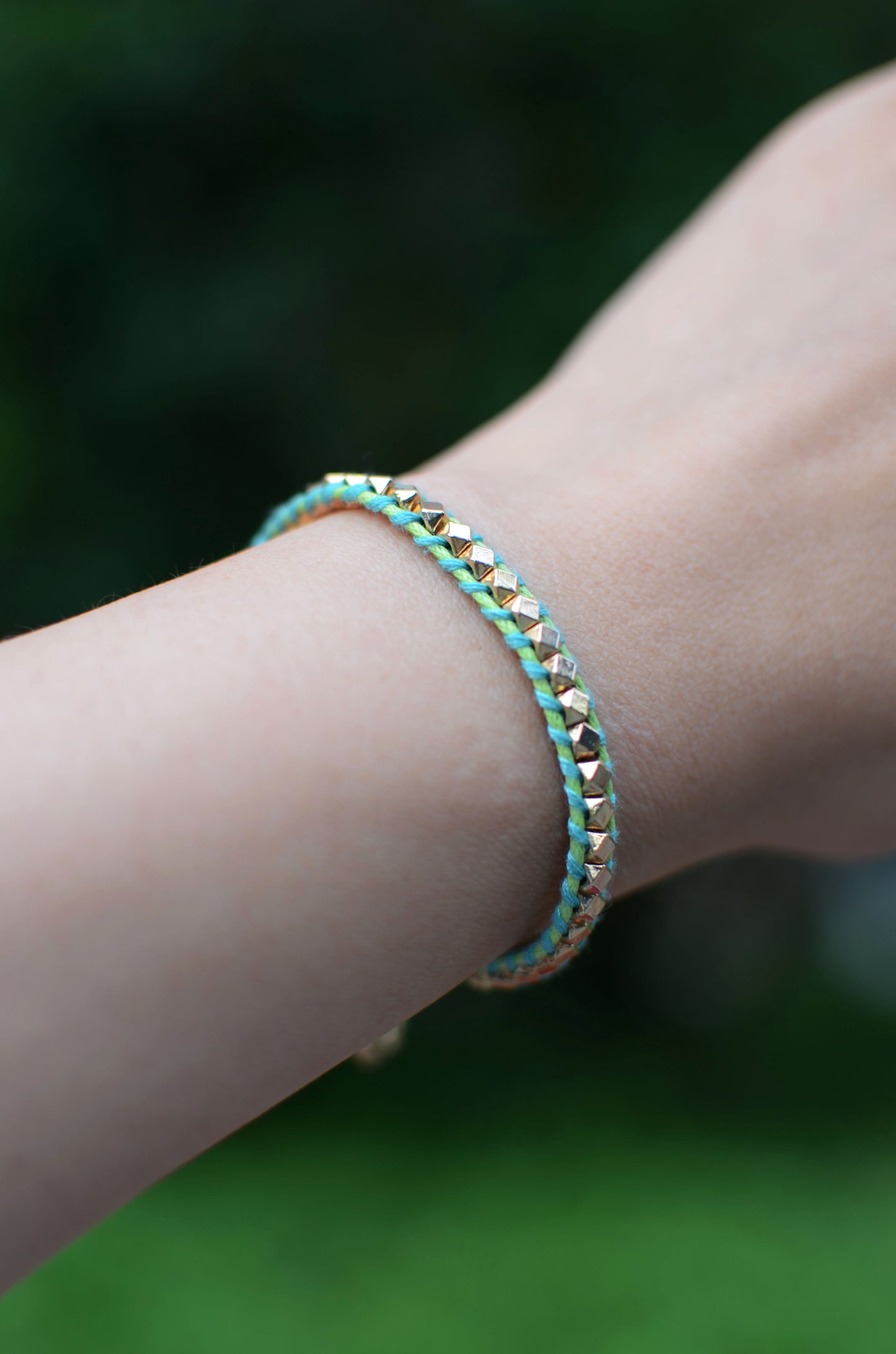 Rainbow One Row Gold Nugget Woven Bracelet with Teal Threads on Lime Cords