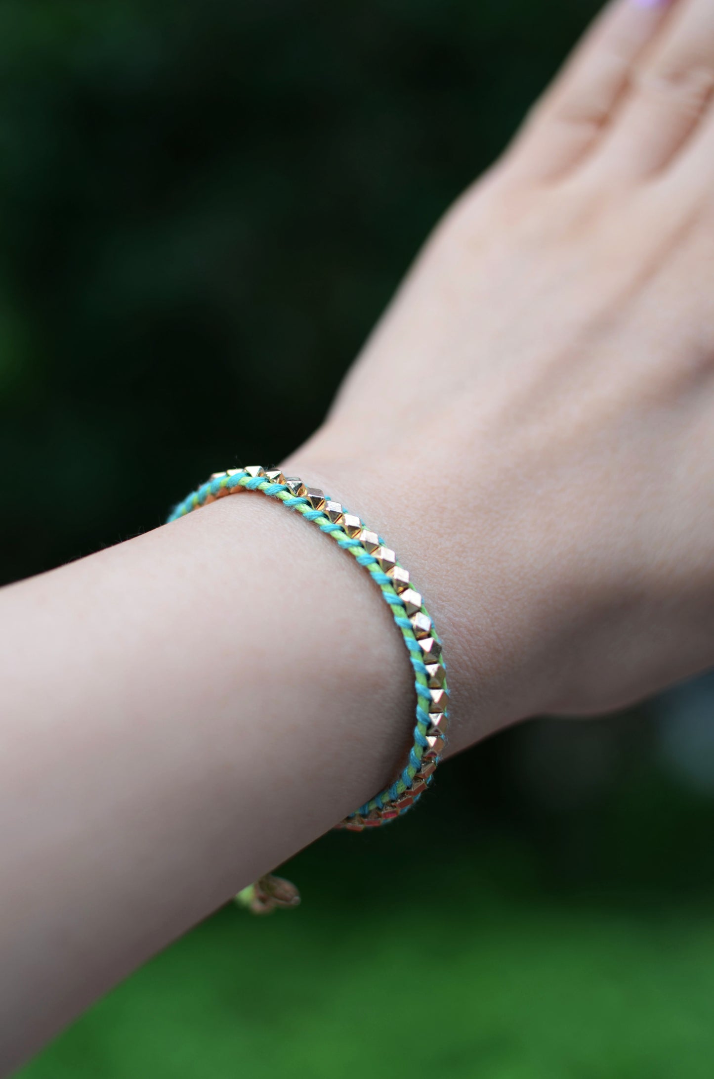 Rainbow One Row Gold Nugget Woven Bracelet with Teal Threads on Lime Cords