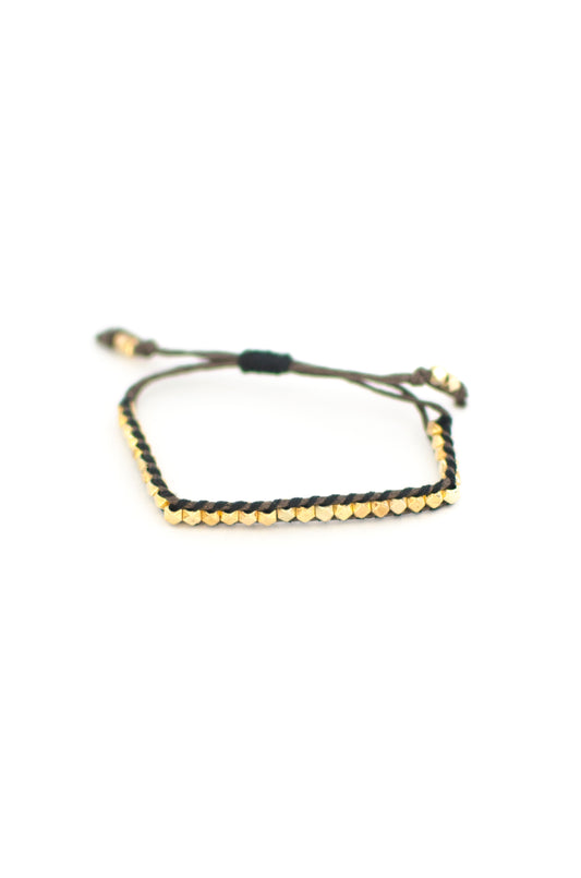 Rainbow Woven Nugget Bracelet Black Threads on Brown Cords