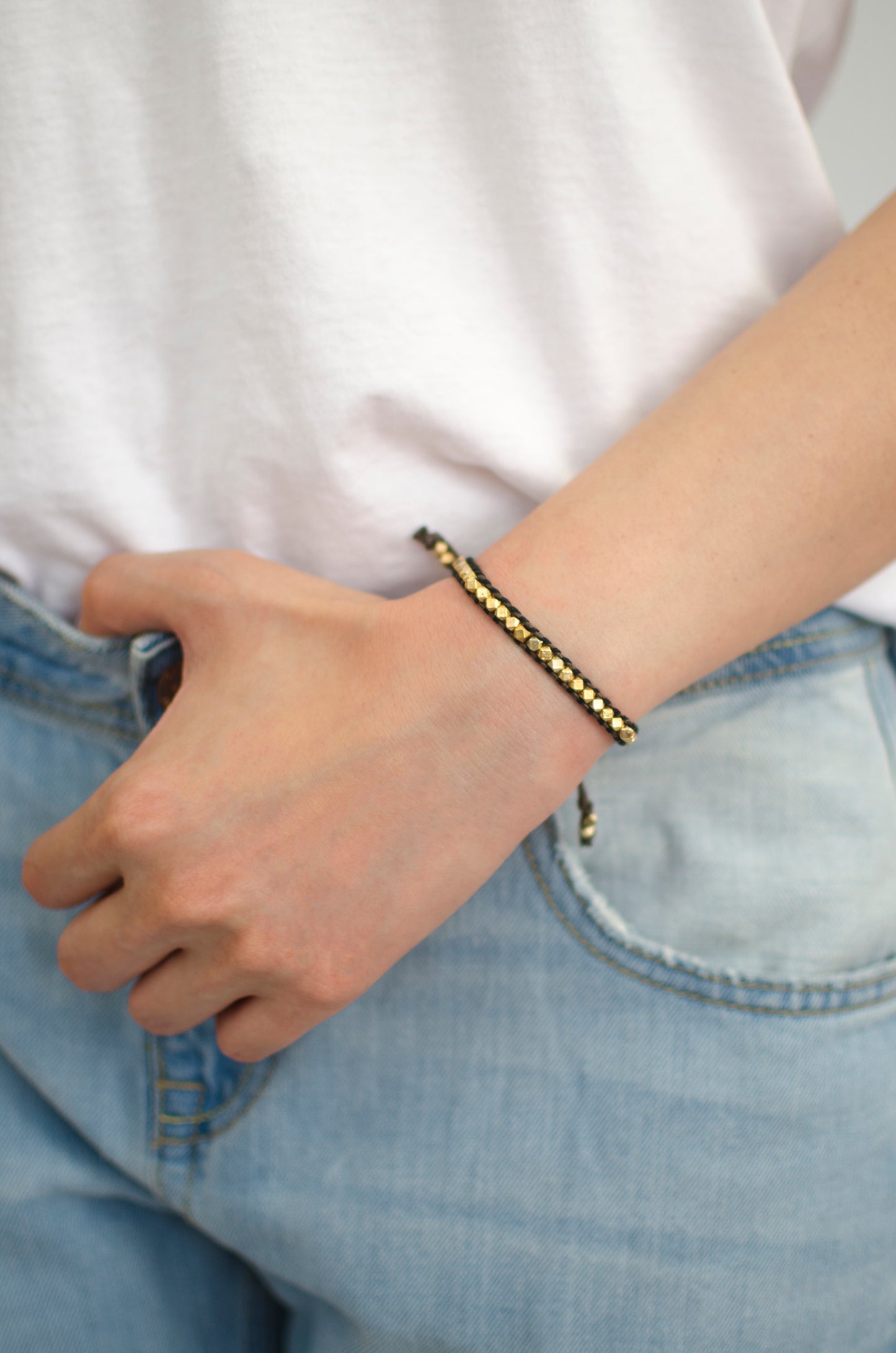 Rainbow Woven Nugget Bracelet Black Threads on Brown Cords