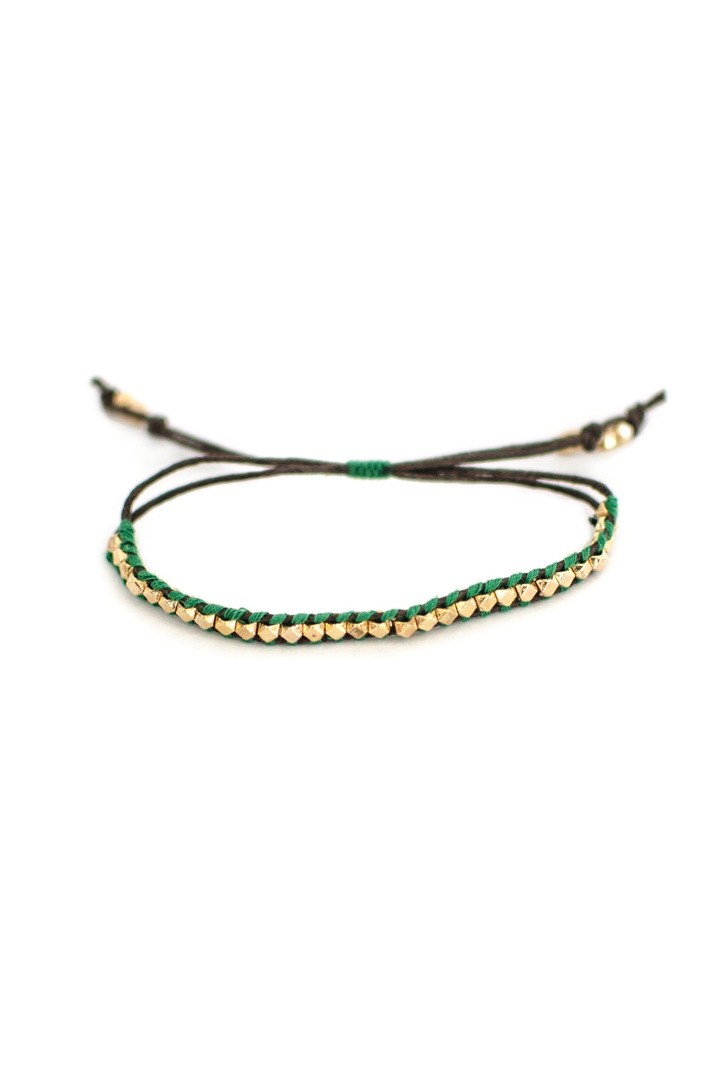 Rainbow One Row Gold Nugget Woven Bracelet Emerald Green Threads on Brown Cords