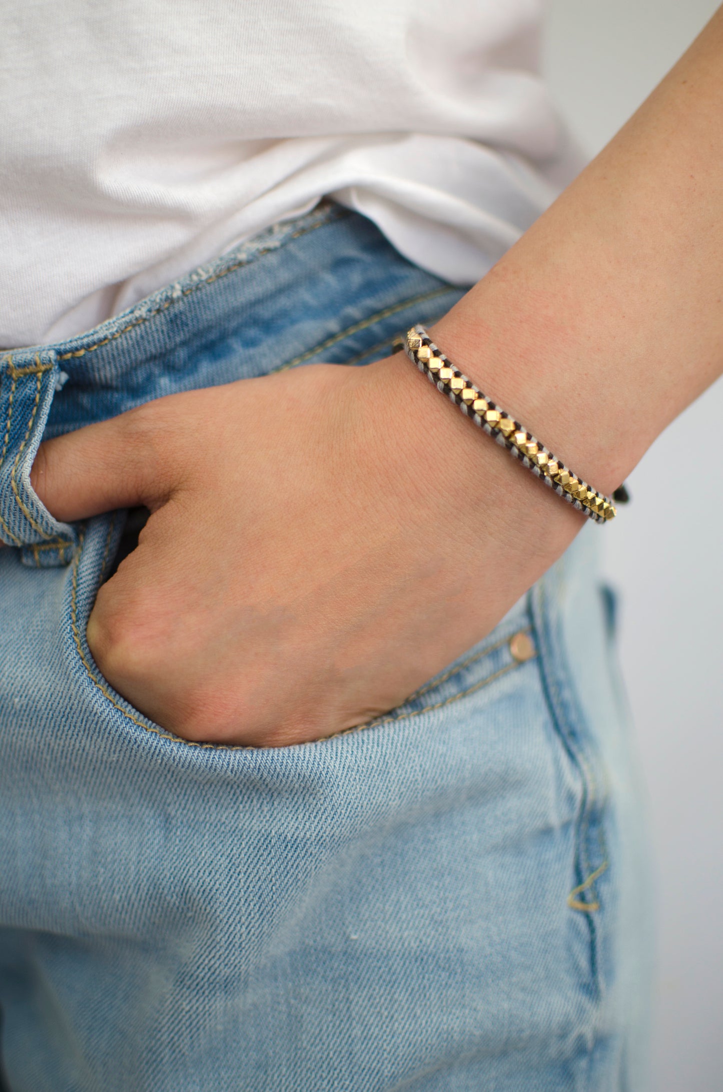 Rainbow One Row Gold Nugget Woven Bracelet with grey Threads on Brown Cords