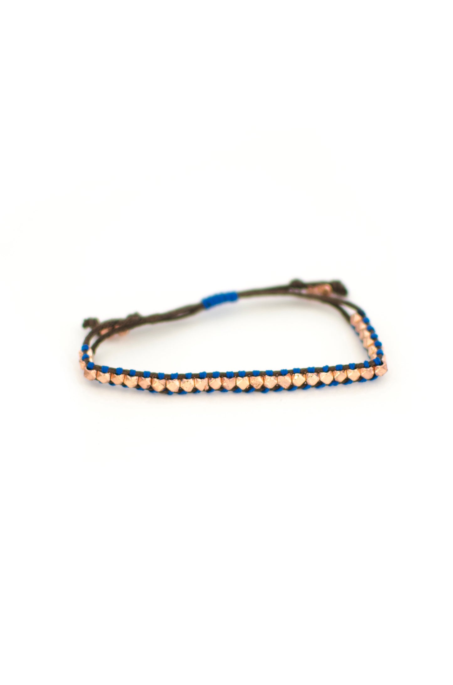 Rainbow One Row Rose Gold Nugget Woven Bracelet with Navy Threads on Brown Cords