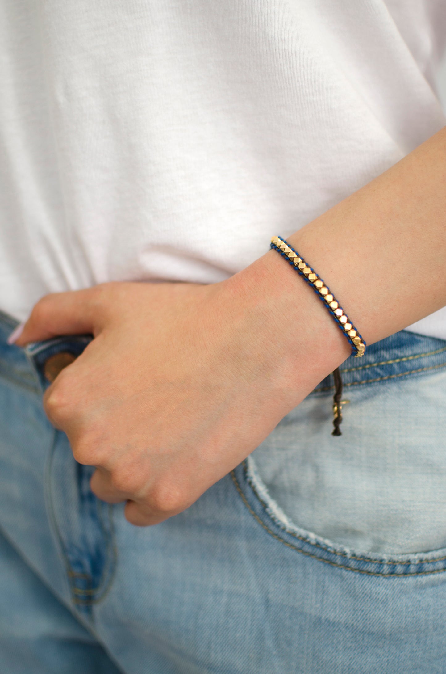 Rainbow One Row Gold Nugget Woven Bracelet with Navy Threads on Brown Cords