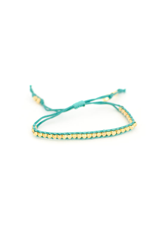 Rainbow One Row Gold Nugget Woven Bracelet with Teal Threads on Teal Cords