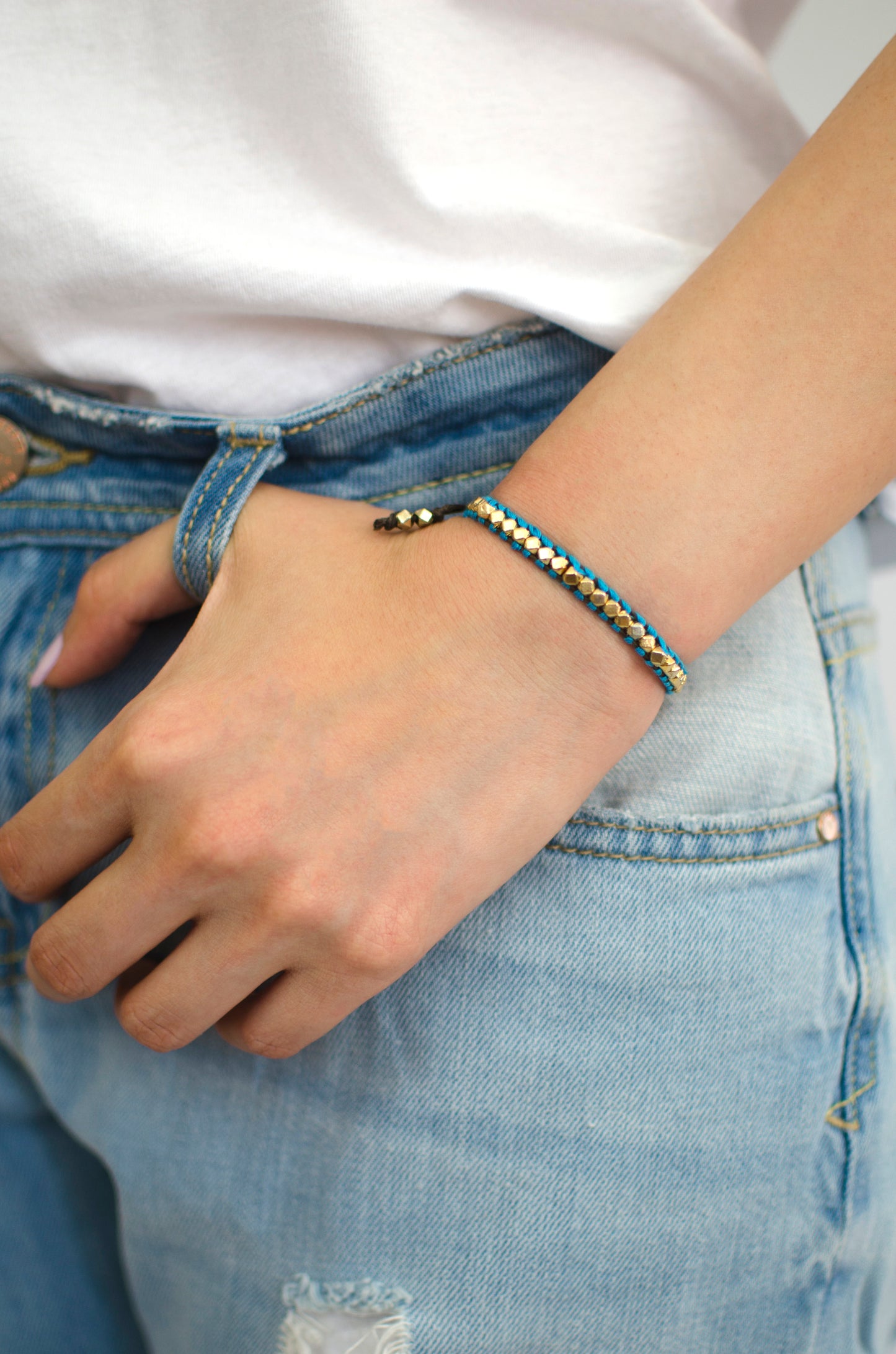 Rainbow One Row Gold Nugget Woven Bracelet with Turquoise Threads on Brown Cords