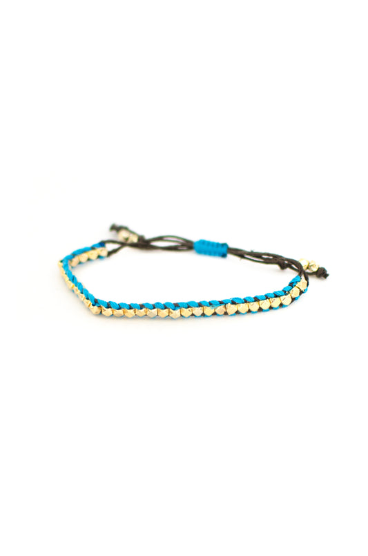 Rainbow One Row Gold Nugget Woven Bracelet with Turquoise Threads on Brown Cords