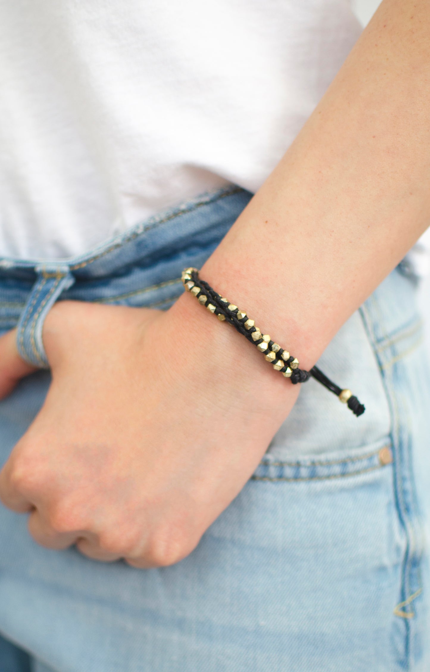 Two Row Gold Nugget Woven Bracelet with Black Cotton Cords