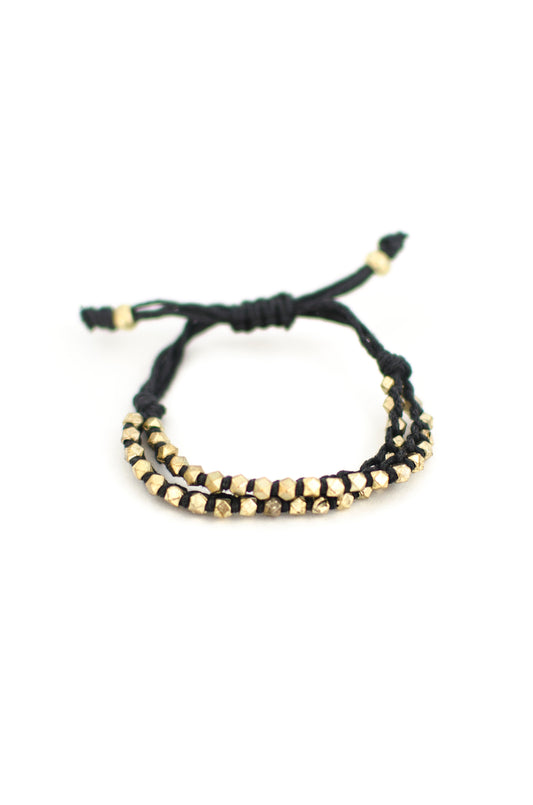 Two Row Gold Nugget Woven Bracelet with Black Cotton Cords