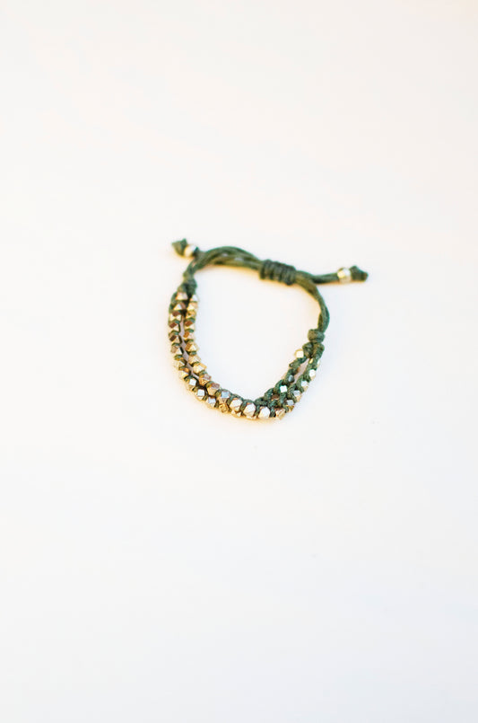 Two Row Gold Nugget Woven Bracelet with Army Green Cotton Cords