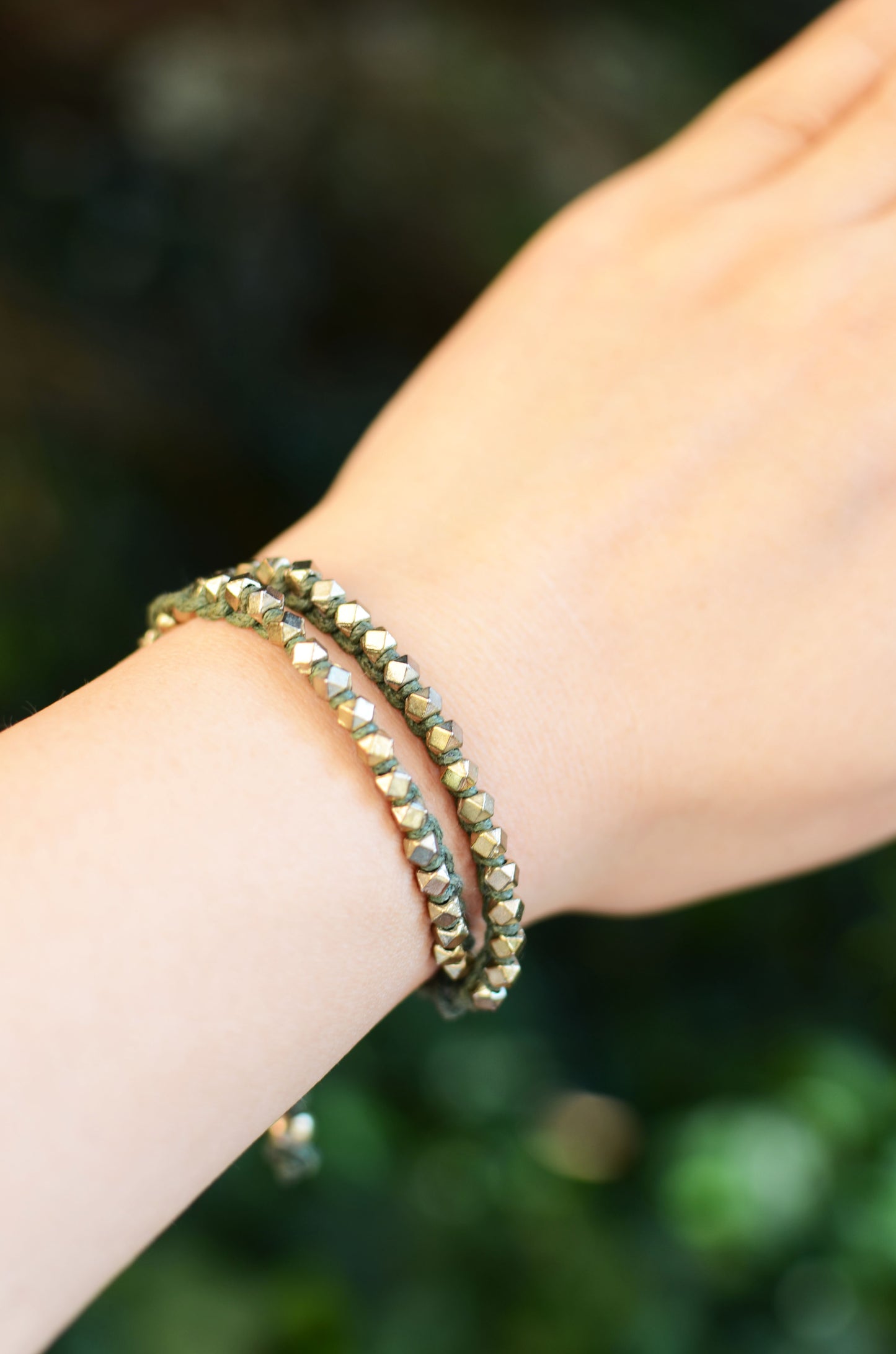 Two Row Gold Nugget Woven Bracelet with Army Green Cotton Cords