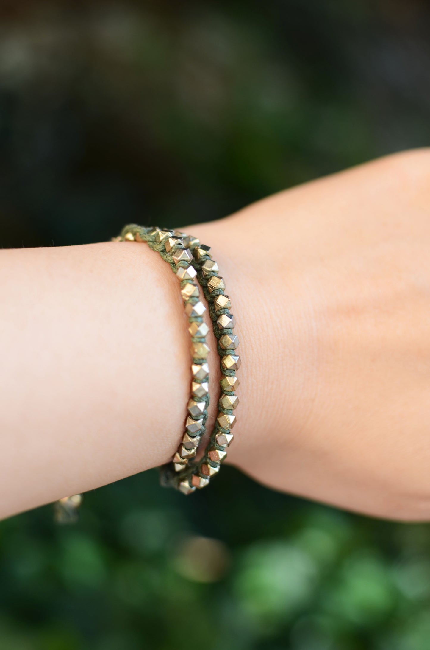 Two Row Gold Nugget Woven Bracelet with Army Green Cotton Cords