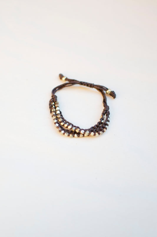 Two Row Gold Nugget Woven Bracelet with Brown Cotton Cords