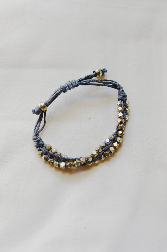 Two Row Gold Nugget Woven Bracelet with Grey Cotton Cords