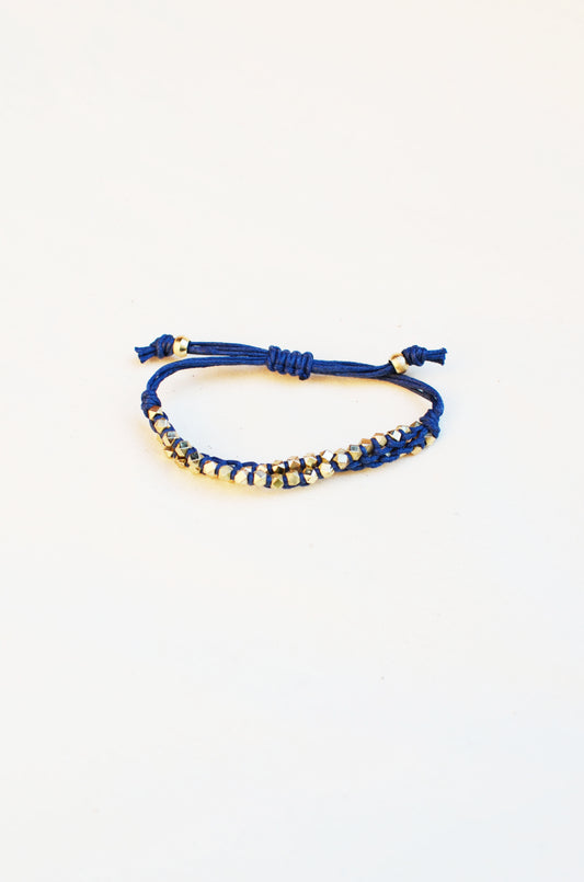 Two Row Gold Nugget Woven Bracelet with Indigo Cotton Cords