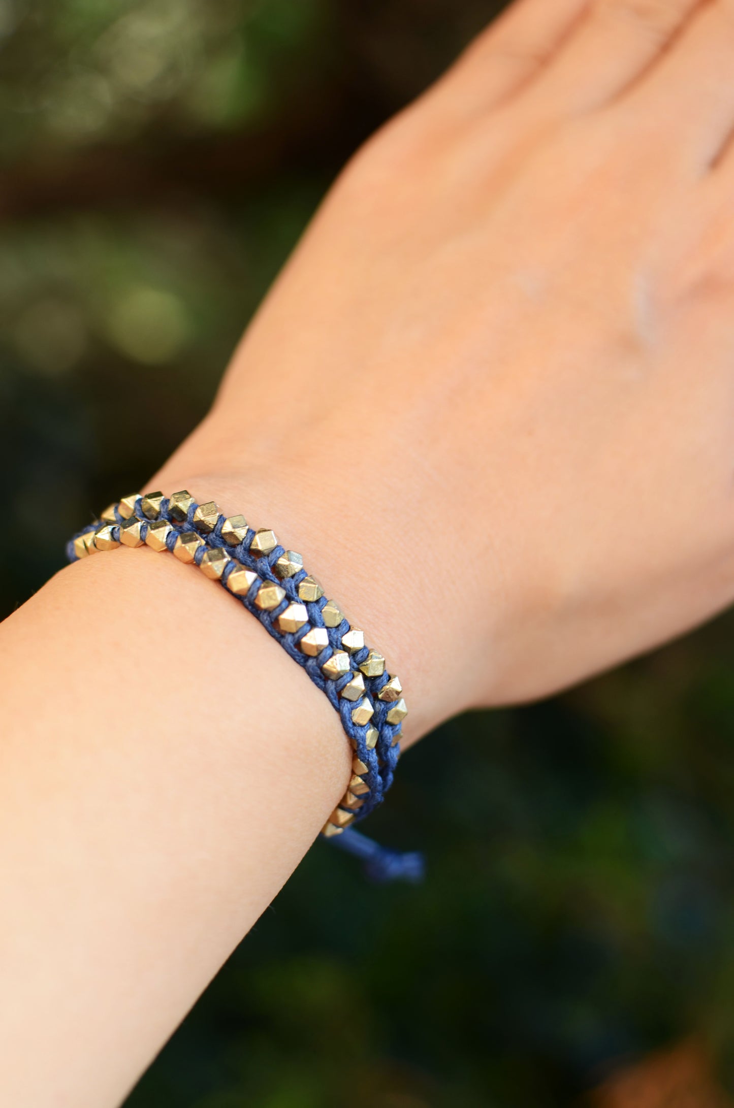 Two Row Gold Nugget Woven Bracelet with Indigo Cotton Cords