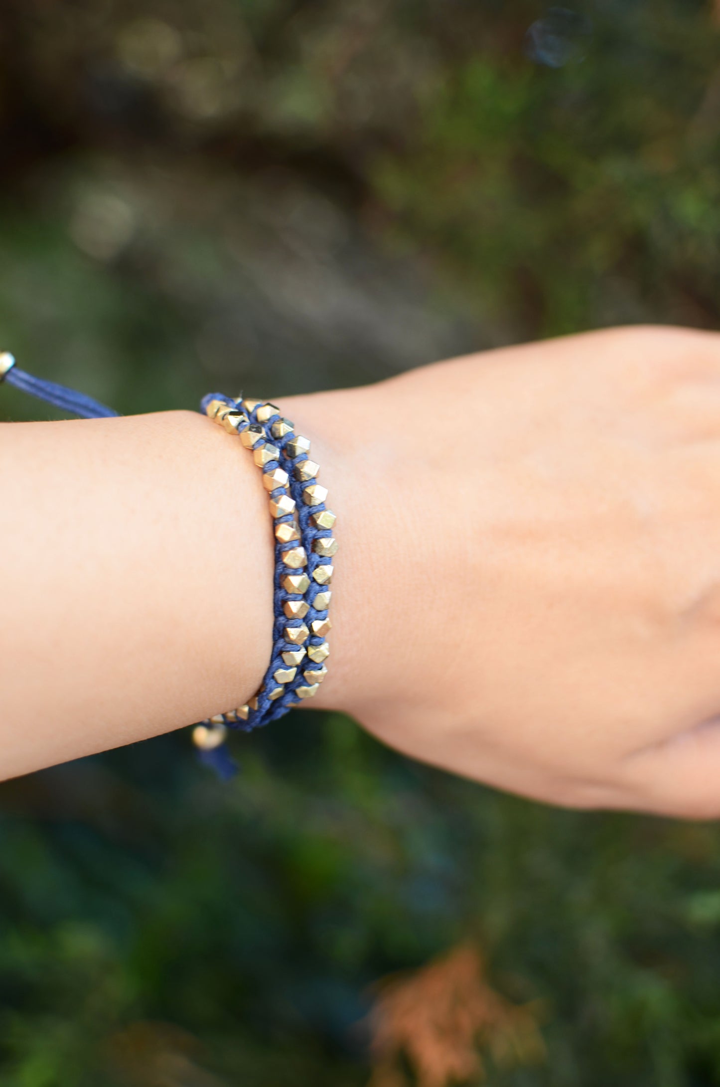 Two Row Gold Nugget Woven Bracelet with Indigo Cotton Cords