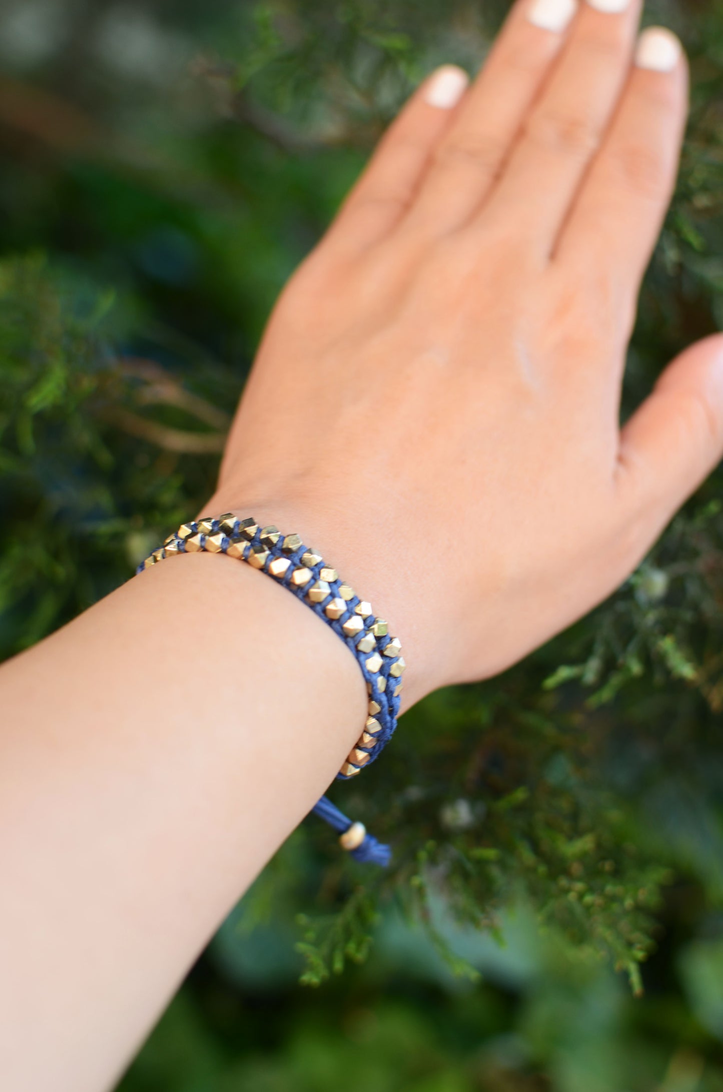 Two Row Gold Nugget Woven Bracelet with Indigo Cotton Cords