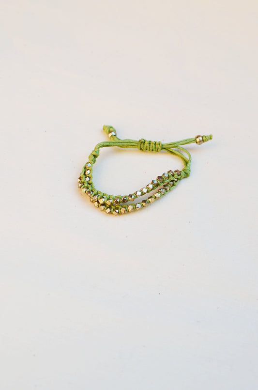 Two Row Gold Nugget Woven Bracelet with Light Green Cotton Cords