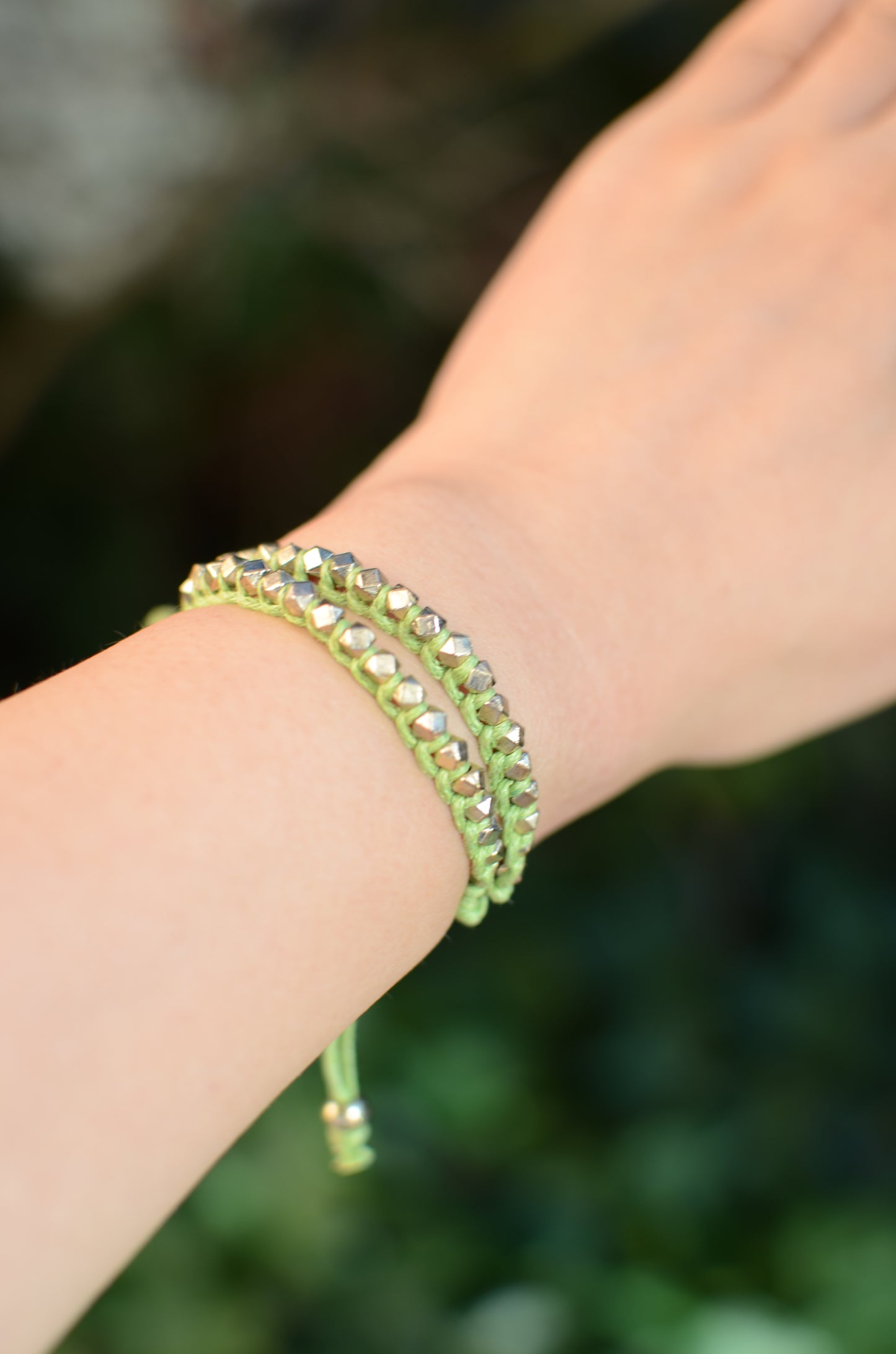 Two Row Gold Nugget Woven Bracelet with Light Green Cotton Cords