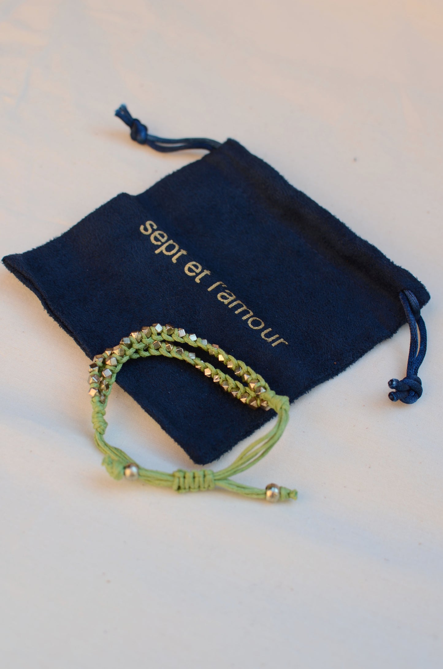 Two Row Gold Nugget Woven Bracelet with Light Green Cotton Cords